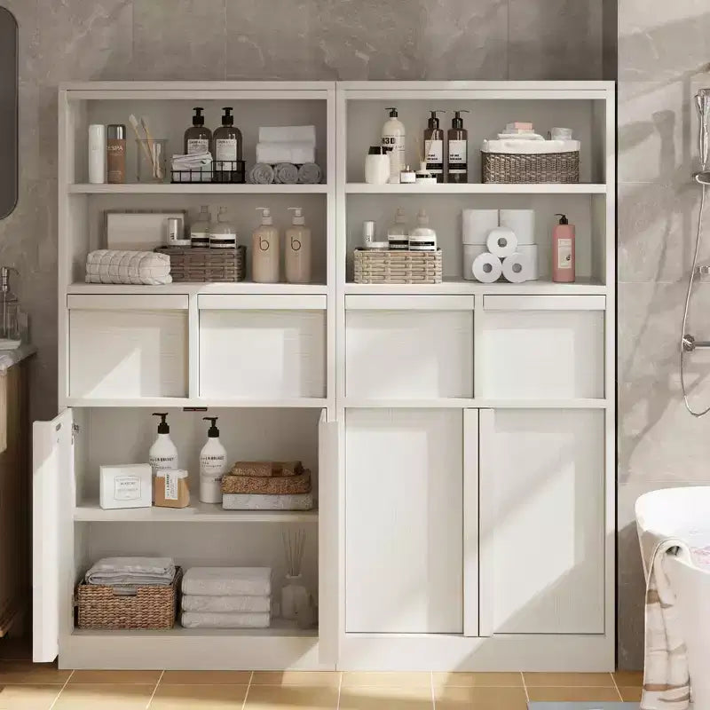 Armoire de salle de bain haute, Meuble de rangement sur pied avec portes et 2 tiroirs, Armoire de rangement haute de 130 cm pour salle de bain, salon