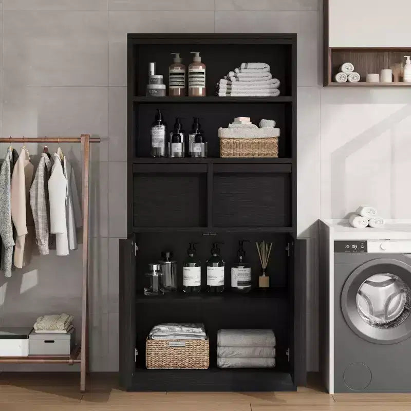 Armoire de salle de bain haute, Meuble de rangement sur pied avec portes et 2 tiroirs, Armoire de rangement haute de 130 cm pour salle de bain, salon