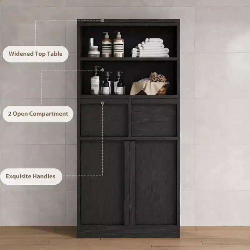Armoire de salle de bain haute, Meuble de rangement sur pied avec portes et 2 tiroirs, Armoire de rangement haute de 130 cm pour salle de bain, salon