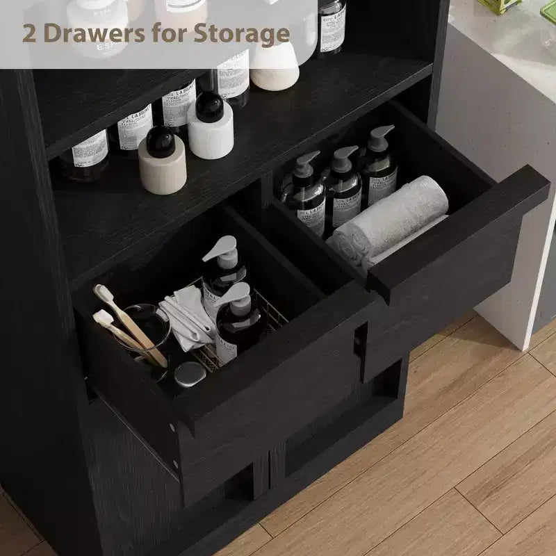 Armoire de salle de bain haute, Meuble de rangement sur pied avec portes et 2 tiroirs, Armoire de rangement haute de 130 cm pour salle de bain, salon