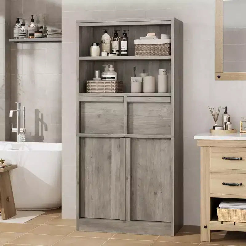 Armoire de salle de bain haute, Meuble de rangement sur pied avec portes et 2 tiroirs, Armoire de rangement haute de 130 cm pour salle de bain, salon