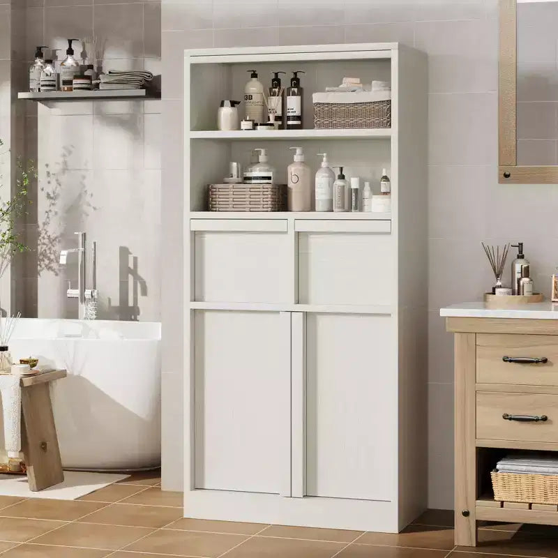 Armoire de salle de bain haute, Meuble de rangement sur pied avec portes et 2 tiroirs, Armoire de rangement haute de 130 cm pour salle de bain, salon