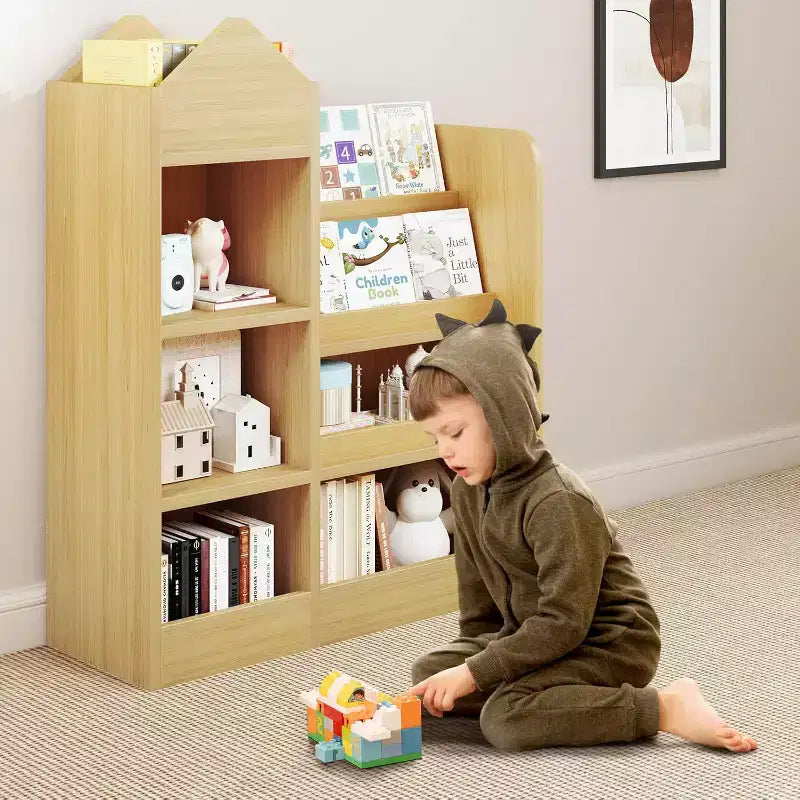 Étagère à Livres et Rangement de Jouets à 4 Niveaux pour Enfants, Étagère à Livres en Bois pour Enfants, Rangement de Jouets avec Étagère à Livres pour Salle de Jeux, Salle de Classe, Chambre, Bibliothèque, Beige