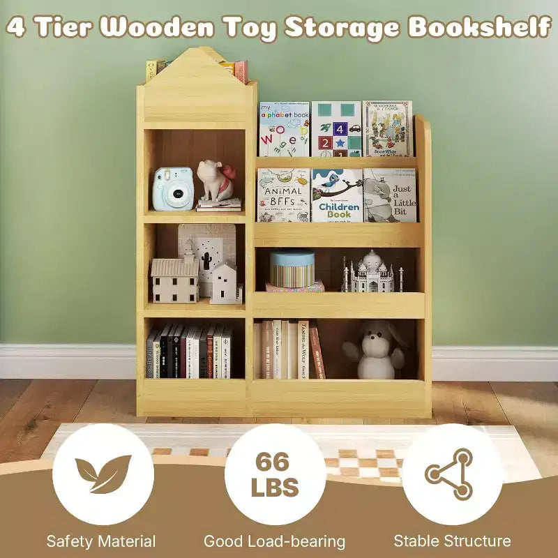 Étagère à Livres et Rangement de Jouets à 4 Niveaux pour Enfants, Étagère à Livres en Bois pour Enfants, Rangement de Jouets avec Étagère à Livres pour Salle de Jeux, Salle de Classe, Chambre, Bibliothèque, Beige