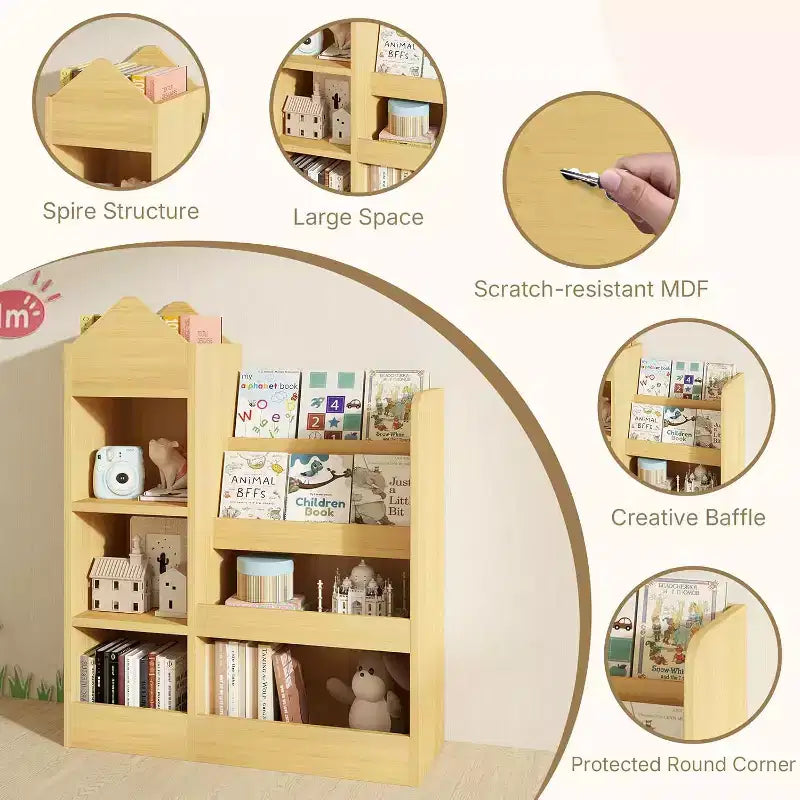 Étagère à Livres et Rangement de Jouets à 4 Niveaux pour Enfants, Étagère à Livres en Bois pour Enfants, Rangement de Jouets avec Étagère à Livres pour Salle de Jeux, Salle de Classe, Chambre, Bibliothèque, Beige