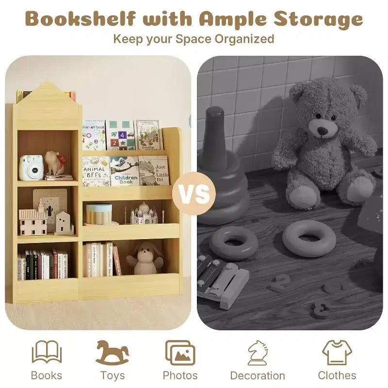 Étagère à Livres et Rangement de Jouets à 4 Niveaux pour Enfants, Étagère à Livres en Bois pour Enfants, Rangement de Jouets avec Étagère à Livres pour Salle de Jeux, Salle de Classe, Chambre, Bibliothèque, Beige
