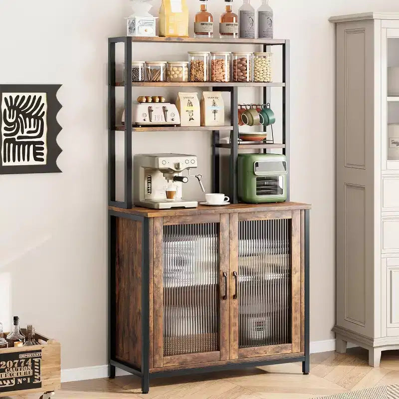 COZONY 64 Bakers Rack with Cabinet, 5-Tier Microwave Stand with Hooks & Door Storage, Industrial Coffee Bar Station, Brown