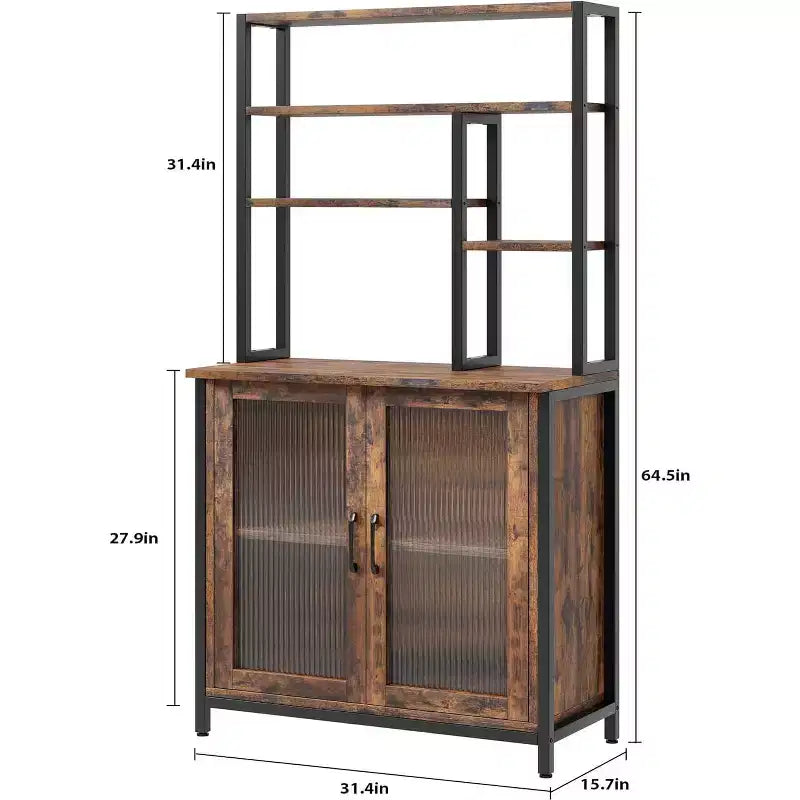 Étagère de Boulanger 64" avec Armoire, Meuble de Rangement à Micro-Ondes à 5 Niveaux avec Crochets et Rangement de Porte, Station de Bar à Café Industrielle, Marron