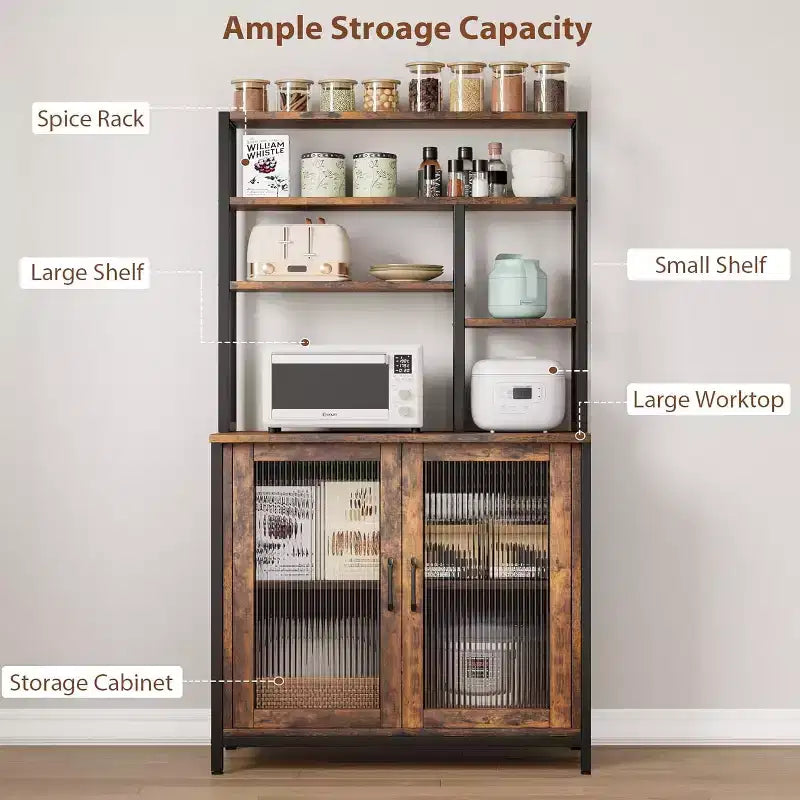 Étagère de Boulanger 64" avec Armoire, Meuble de Rangement à Micro-Ondes à 5 Niveaux avec Crochets et Rangement de Porte, Station de Bar à Café Industrielle, Marron