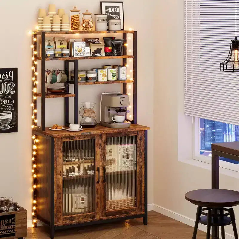 Étagère de Boulanger 64" avec Armoire, Meuble de Rangement à Micro-Ondes à 5 Niveaux avec Crochets et Rangement de Porte, Station de Bar à Café Industrielle, Marron