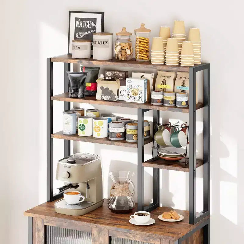Étagère de Boulanger 64" avec Armoire, Meuble de Rangement à Micro-Ondes à 5 Niveaux avec Crochets et Rangement de Porte, Station de Bar à Café Industrielle, Marron