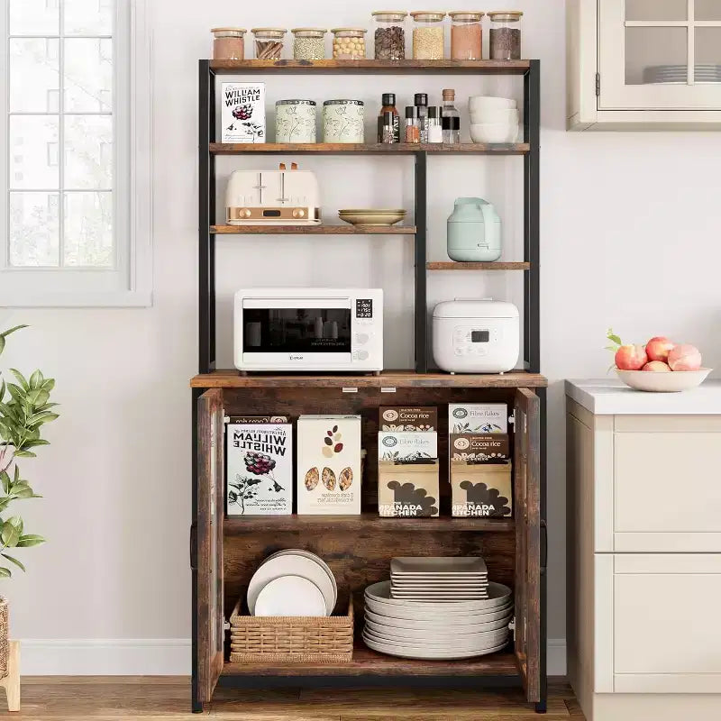 Étagère de Boulanger 64" avec Armoire, Meuble de Rangement à Micro-Ondes à 5 Niveaux avec Crochets et Rangement de Porte, Station de Bar à Café Industrielle, Marron
