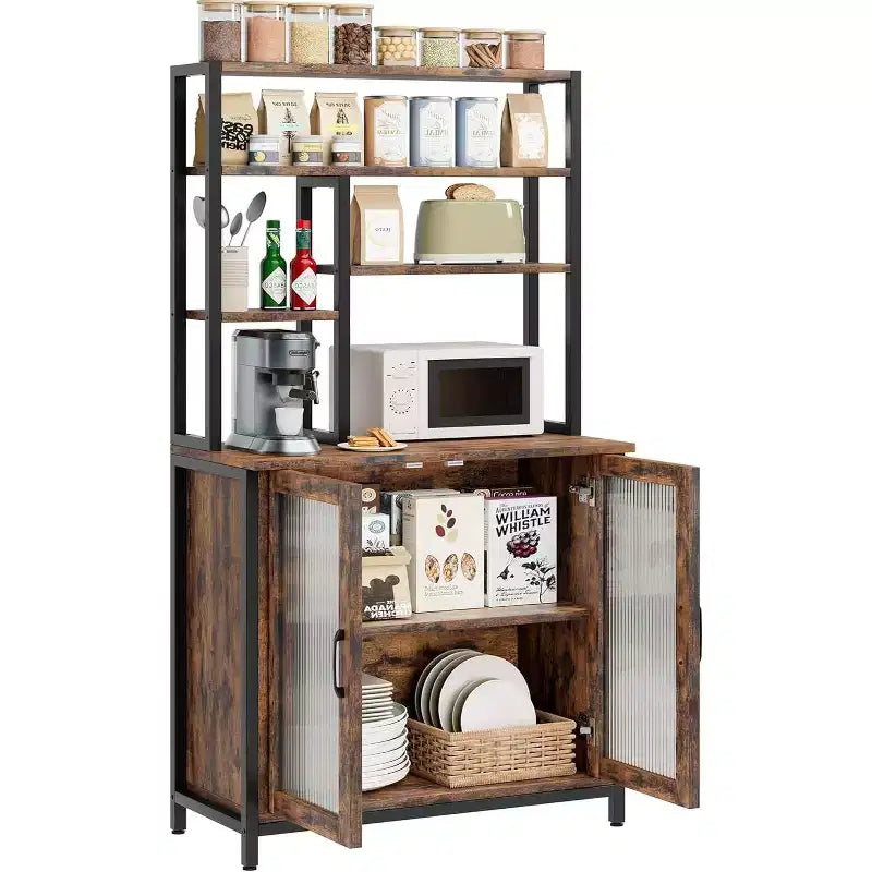 Étagère de Boulanger 64" avec Armoire, Meuble de Rangement à Micro-Ondes à 5 Niveaux avec Crochets et Rangement de Porte, Station de Bar à Café Industrielle, Marron