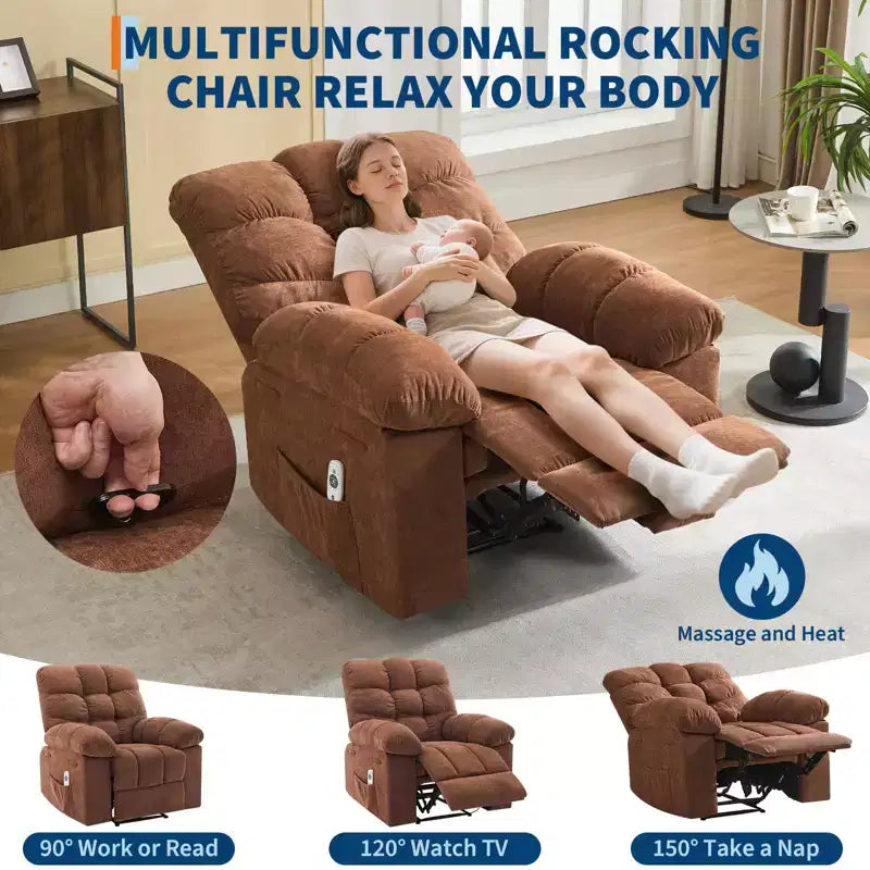 Fauteuil inclinable surdimensionné pour adulte avec massage et chaleur, canapé inclinable rembourré en tissu respirant pour salon