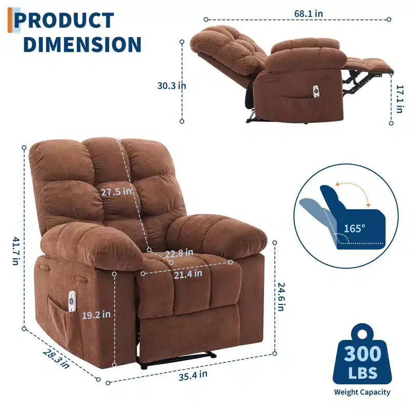 Fauteuil inclinable surdimensionné pour adulte avec massage et chaleur, canapé inclinable rembourré en tissu respirant pour salon