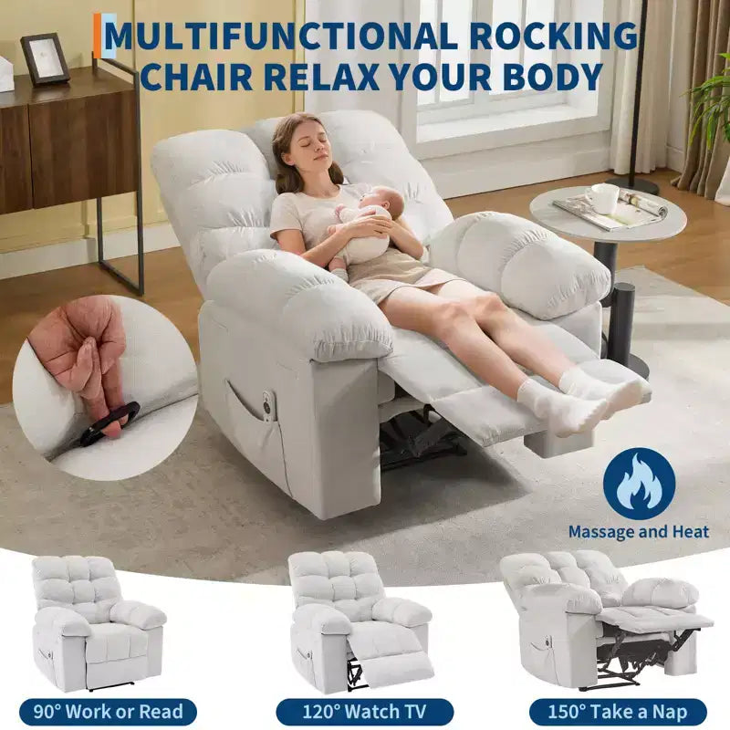 Fauteuil inclinable surdimensionné pour adulte avec massage et chaleur, canapé inclinable rembourré en tissu respirant pour salon