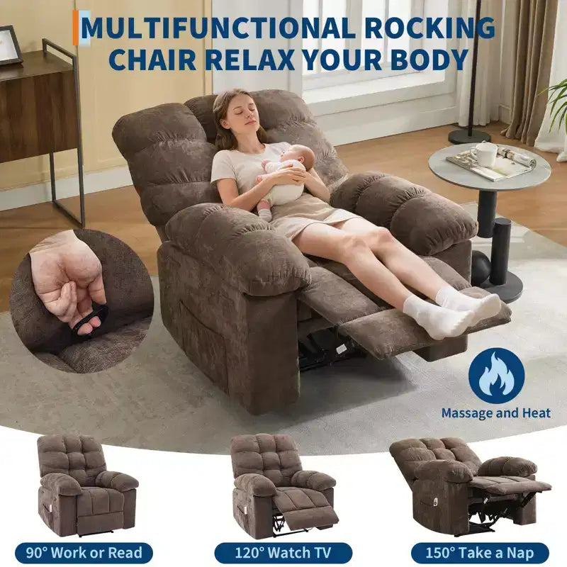 Fauteuil inclinable surdimensionné pour adulte avec massage et chaleur, canapé inclinable rembourré en tissu respirant pour salon