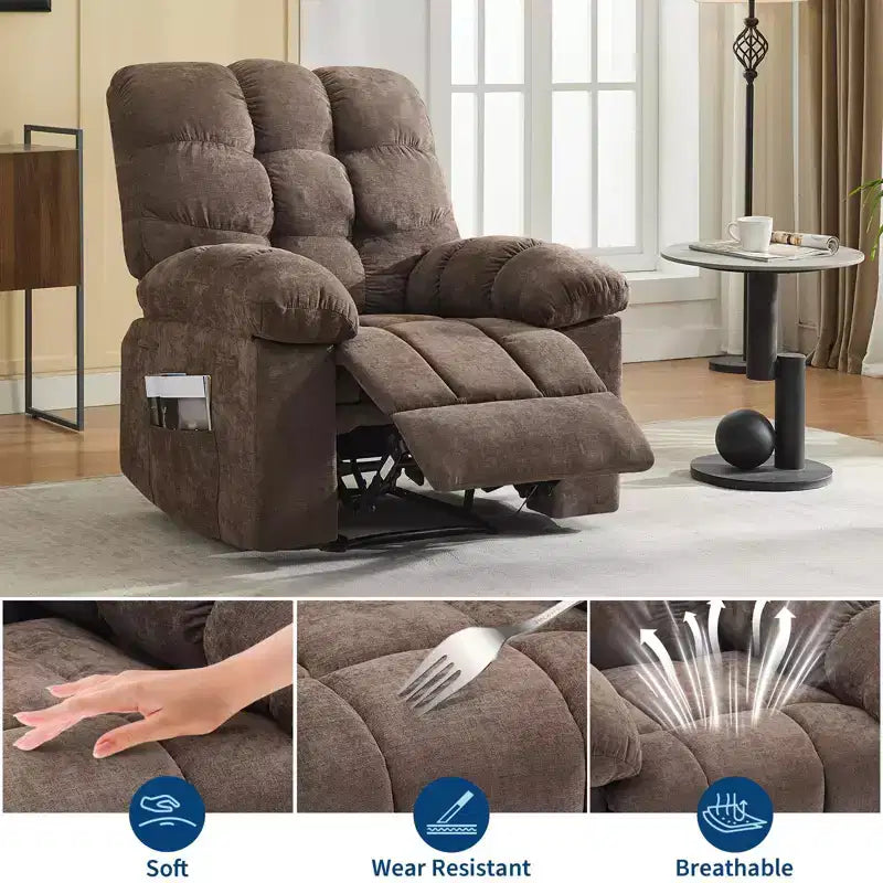 Fauteuil inclinable surdimensionné pour adulte avec massage et chaleur, canapé inclinable rembourré en tissu respirant pour salon
