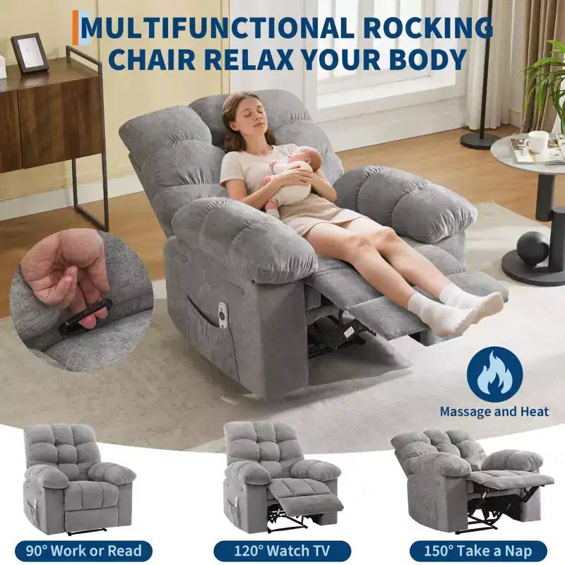 Fauteuil inclinable surdimensionné pour adulte avec massage et chaleur, canapé inclinable rembourré en tissu respirant pour salon