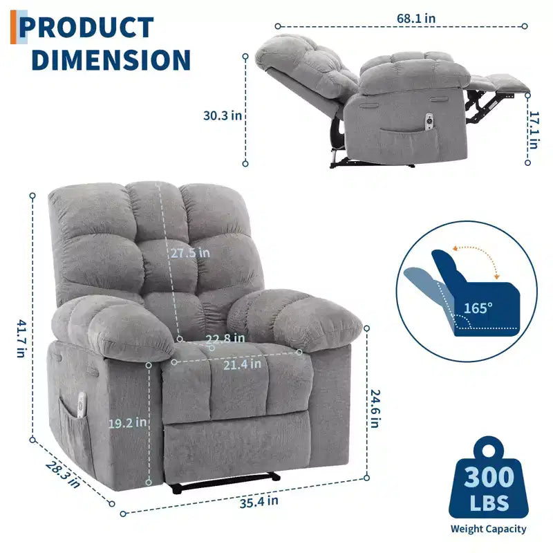 Fauteuil inclinable surdimensionné pour adulte avec massage et chaleur, canapé inclinable rembourré en tissu respirant pour salon