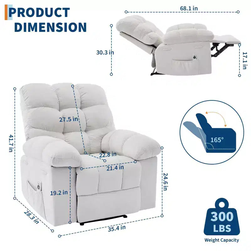 Fauteuil inclinable surdimensionné pour adulte avec massage et chaleur, canapé inclinable rembourré en tissu respirant pour salon