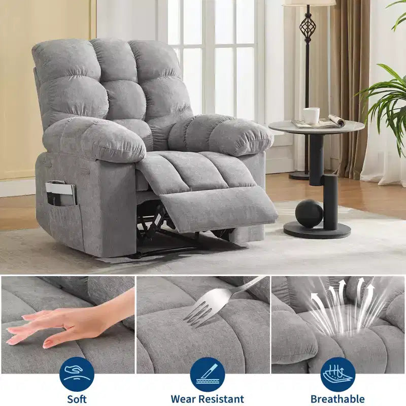 Fauteuil inclinable surdimensionné pour adulte avec massage et chaleur, canapé inclinable rembourré en tissu respirant pour salon