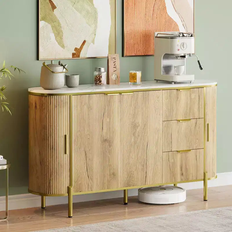 Buffet de rangement 60 pouces, Table de buffet ovale avec portes coulissantes incurvées, tiroirs et étagère réglable, Meuble bar à café pour salle à manger et salon