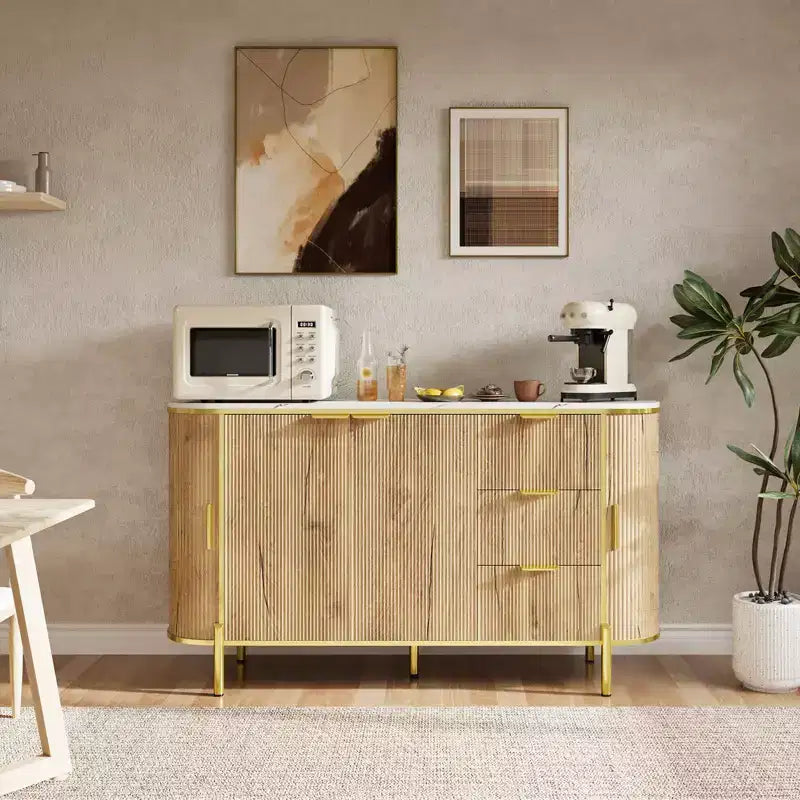 Buffet de rangement 60 pouces, Table de buffet ovale avec portes coulissantes incurvées, tiroirs et étagère réglable, Meuble bar à café pour salle à manger et salon