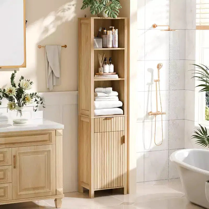 Dcolora Bathroom Floor Skinny Storage Cabinet with 1 Fluted Door&Drawer