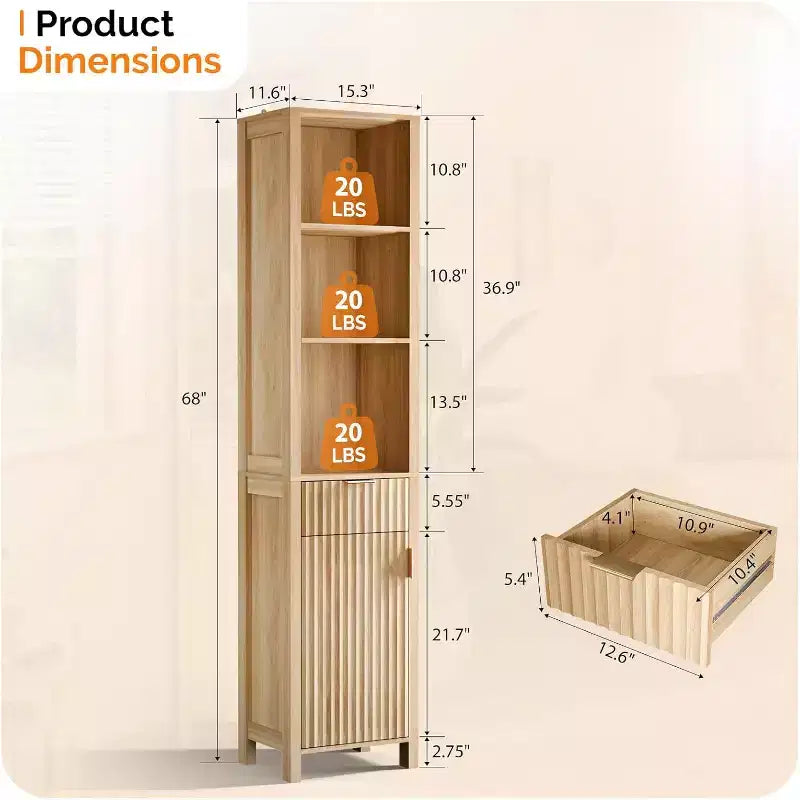 Meuble de Rangement Étroit pour Salle de Bain avec 1 Porte Cannellée et Tiroir