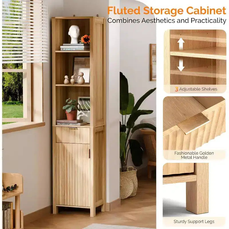 Meuble de Rangement Étroit pour Salle de Bain avec 1 Porte Cannellée et Tiroir