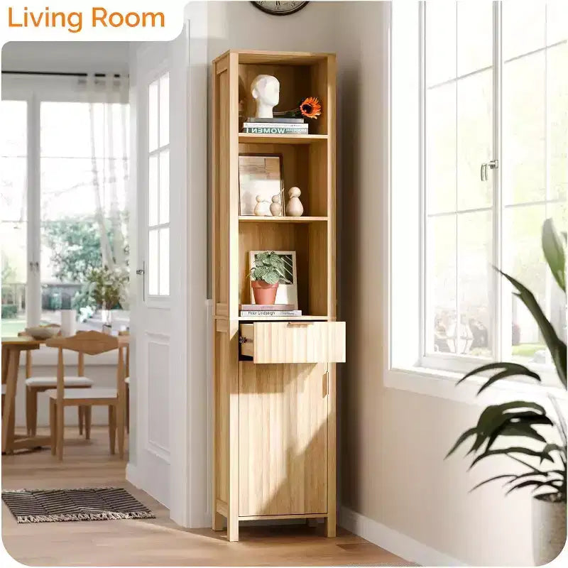 Meuble de Rangement Étroit pour Salle de Bain avec 1 Porte Cannellée et Tiroir