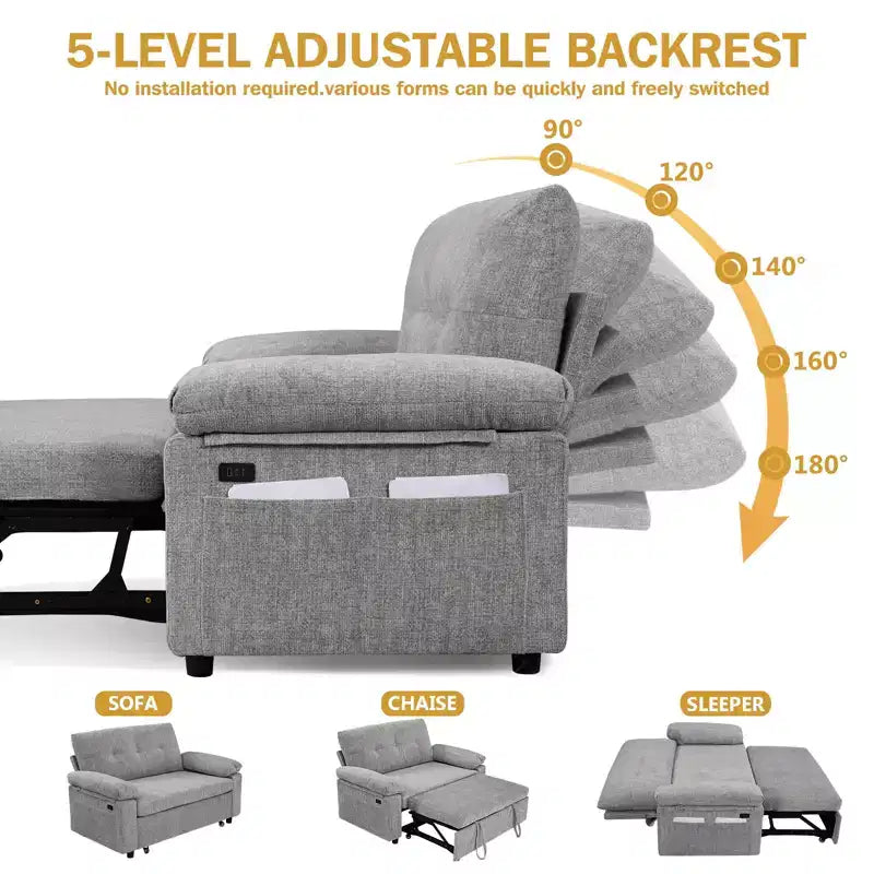 Canapé-lit convertible 3 en 1 de 58,2 pouces avec lit gigogne, port USB, dossier inclinable et poches latérales – Montage sans outil