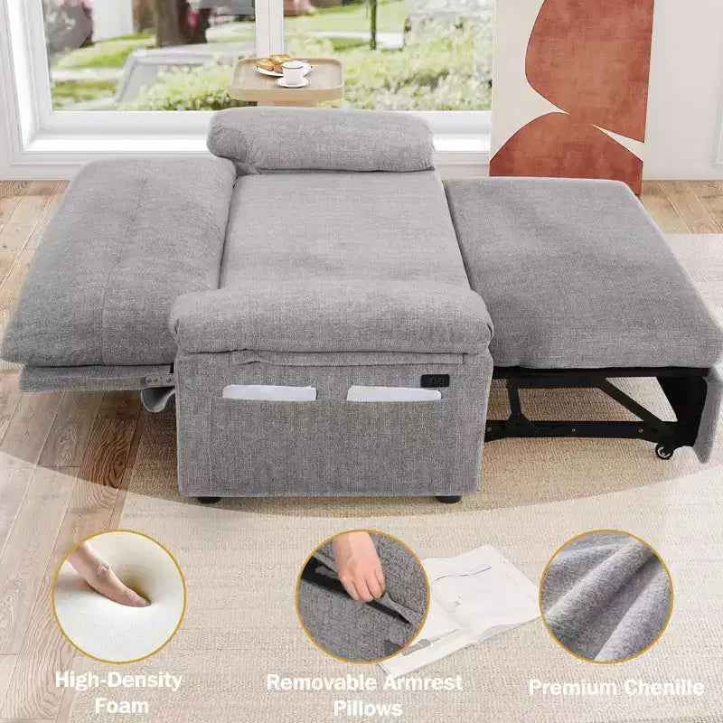 Canapé-lit convertible 3 en 1 de 58,2 pouces avec lit gigogne, port USB, dossier inclinable et poches latérales – Montage sans outil