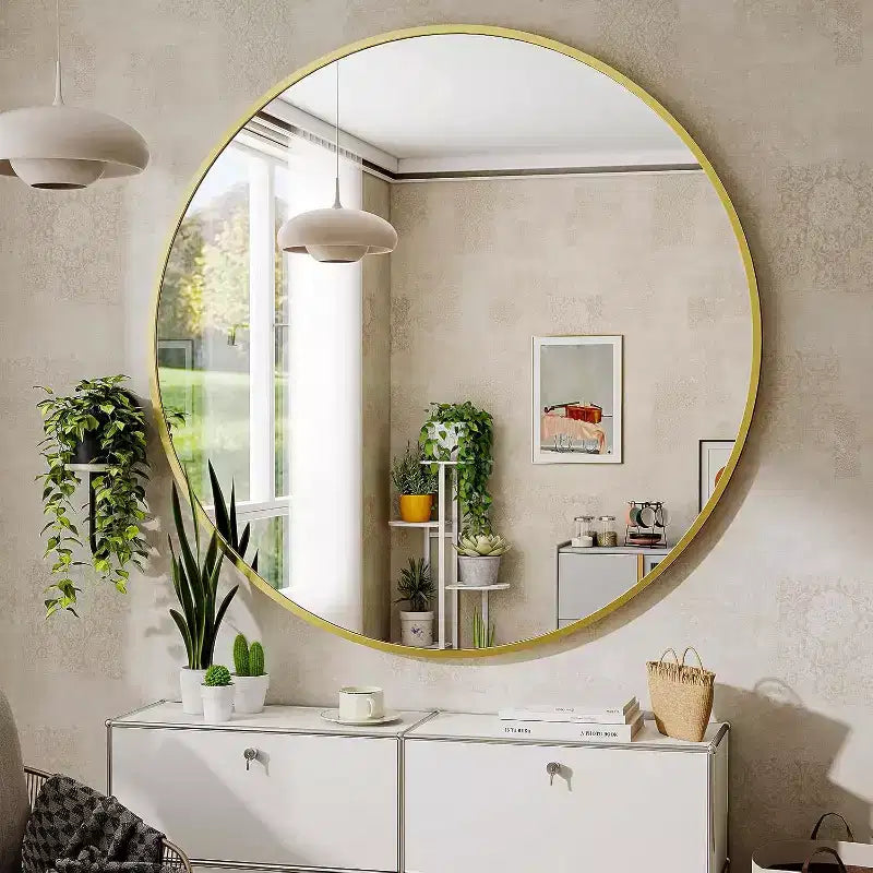 Miroir rond de 36 pouces, miroir cercle à cadre métallique, mural pour entrée, salle de bain, coiffeuse, salon