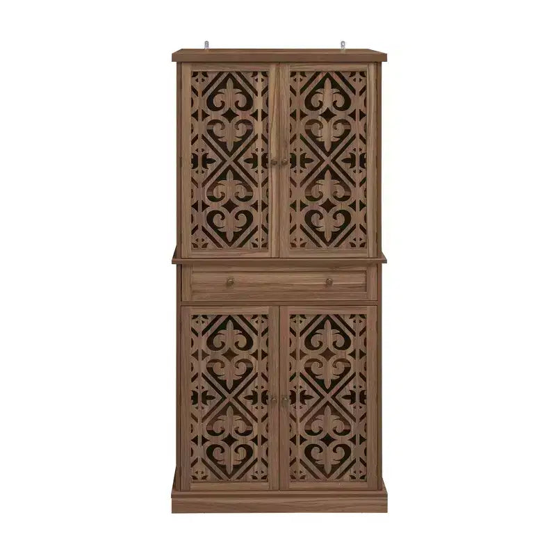 Armoire haute avec 4 portes en rotin/sculptées, meuble de rangement avec 1 tiroir et 4 étagères intérieures réglables, meuble d'appoint pour salon, chambre à coucher