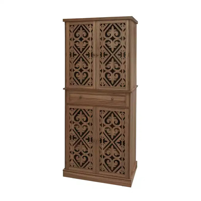 Armoire haute avec 4 portes en rotin/sculptées, meuble de rangement avec 1 tiroir et 4 étagères intérieures réglables, meuble d'appoint pour salon, chambre à coucher
