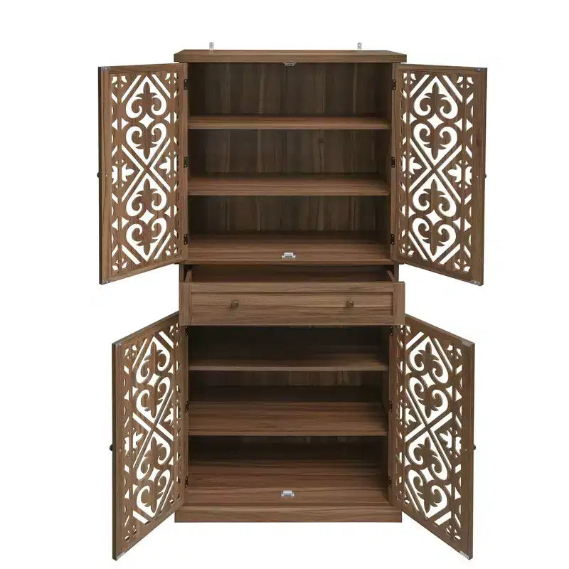 Armoire haute avec 4 portes en rotin/sculptées, meuble de rangement avec 1 tiroir et 4 étagères intérieures réglables, meuble d'appoint pour salon, chambre à coucher