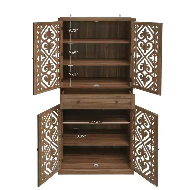 Armoire haute avec 4 portes en rotin/sculptées, meuble de rangement avec 1 tiroir et 4 étagères intérieures réglables, meuble d'appoint pour salon, chambre à coucher