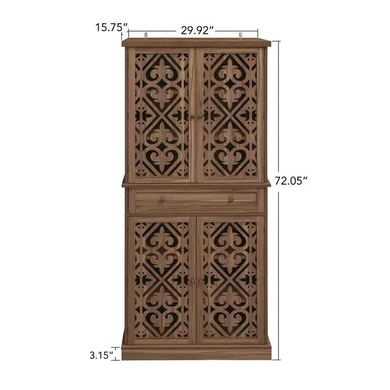 Armoire haute avec 4 portes en rotin/sculptées, meuble de rangement avec 1 tiroir et 4 étagères intérieures réglables, meuble d'appoint pour salon, chambre à coucher