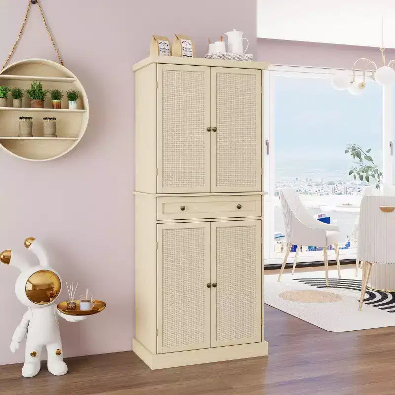 Armoire haute avec 4 portes en rotin/sculptées, meuble de rangement avec 1 tiroir et 4 étagères intérieures réglables, meuble d'appoint pour salon, chambre à coucher