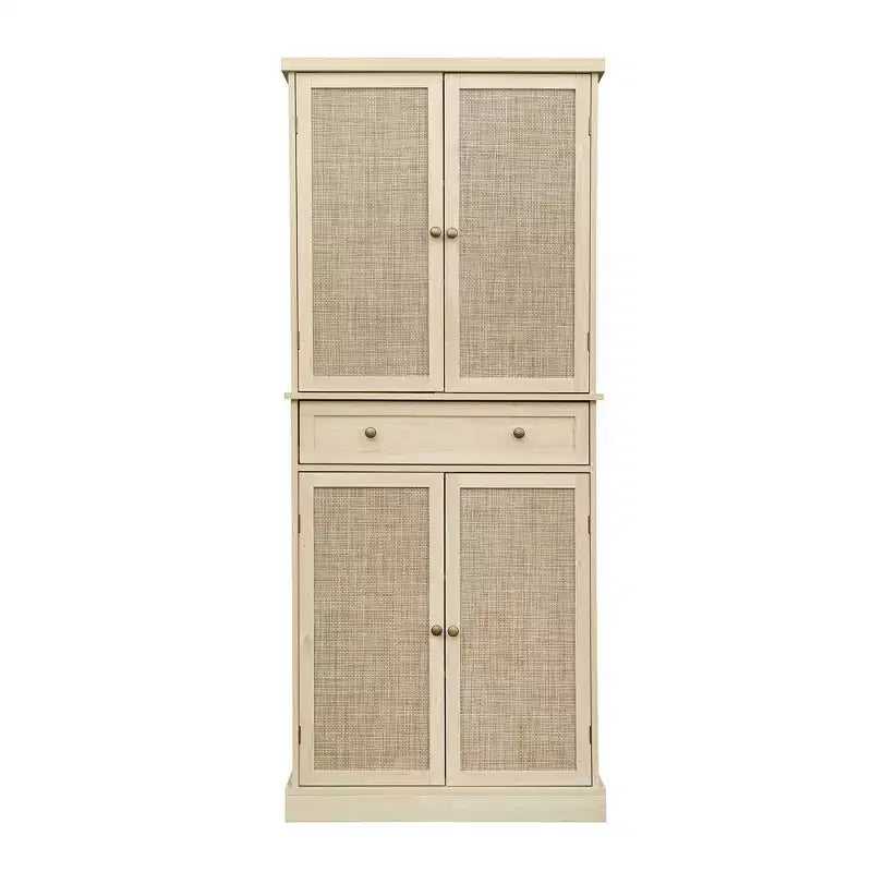Armoire haute avec 4 portes en rotin/sculptées, meuble de rangement avec 1 tiroir et 4 étagères intérieures réglables, meuble d'appoint pour salon, chambre à coucher