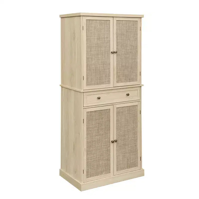 Armoire haute avec 4 portes en rotin/sculptées, meuble de rangement avec 1 tiroir et 4 étagères intérieures réglables, meuble d'appoint pour salon, chambre à coucher