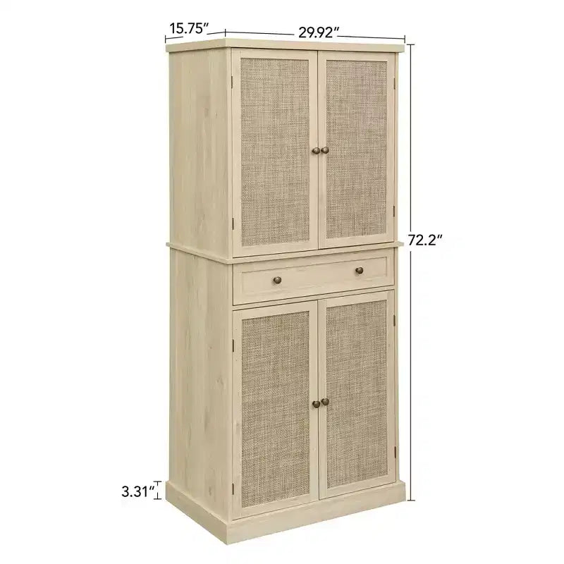 Armoire haute avec 4 portes en rotin/sculptées, meuble de rangement avec 1 tiroir et 4 étagères intérieures réglables, meuble d'appoint pour salon, chambre à coucher