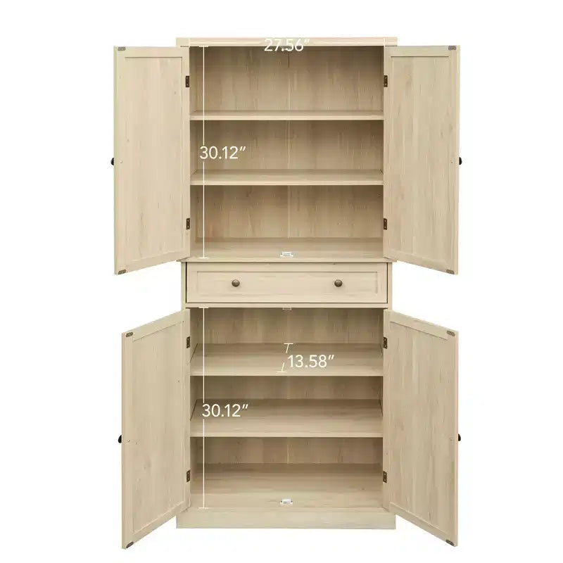Armoire haute avec 4 portes en rotin/sculptées, meuble de rangement avec 1 tiroir et 4 étagères intérieures réglables, meuble d'appoint pour salon, chambre à coucher