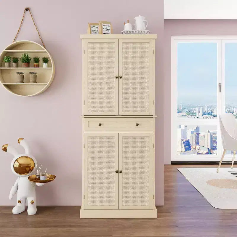 Okak Tall Cabinet with 4 Rattan/Carved Doors, Storage Cabinet with 1 Drawer and 4 Adjustable Inner Shelves, Accent Cabinet for Living Room, Bedroom