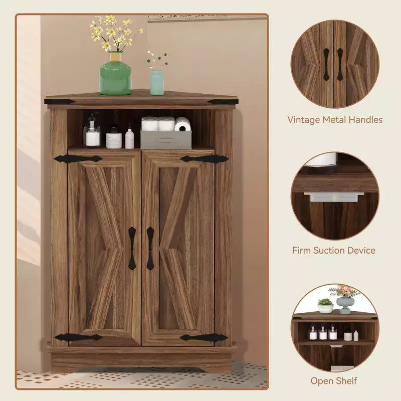 Meuble d'angle de salle de bain rustique avec porte coulissante – Rangement à étagère réglable pour salle de bain/cuisine/salon (1 pièce)