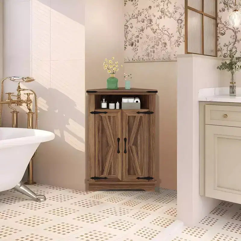 Meuble d'angle de salle de bain rustique avec porte coulissante – Rangement à étagère réglable pour salle de bain/cuisine/salon (1 pièce)
