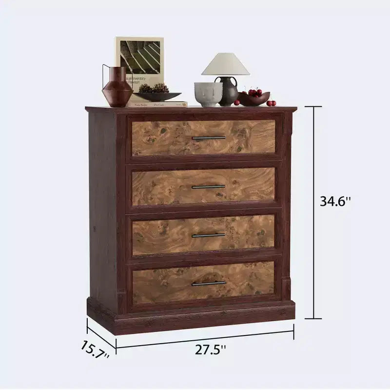 Commode 4 tiroirs pour chambre à coucher, commode en bois de 88 cm de hauteur avec poignées en métal, organisateur de rangement pour vêtements, commode étroite de chevet pour chambre à coucher