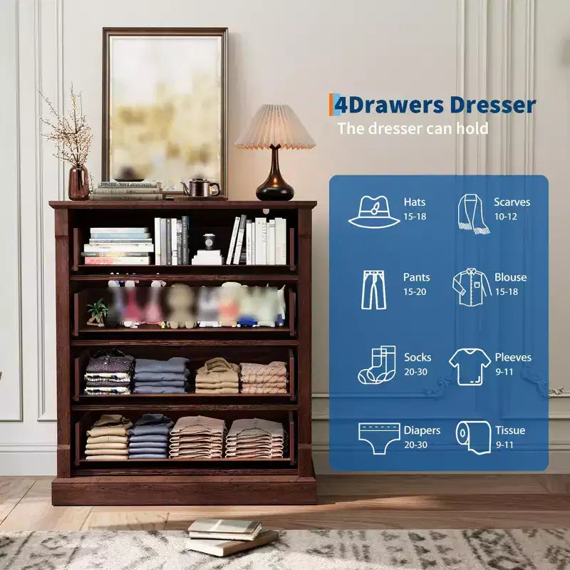 Commode 4 tiroirs pour chambre à coucher, commode en bois de 88 cm de hauteur avec poignées en métal, organisateur de rangement pour vêtements, commode étroite de chevet pour chambre à coucher